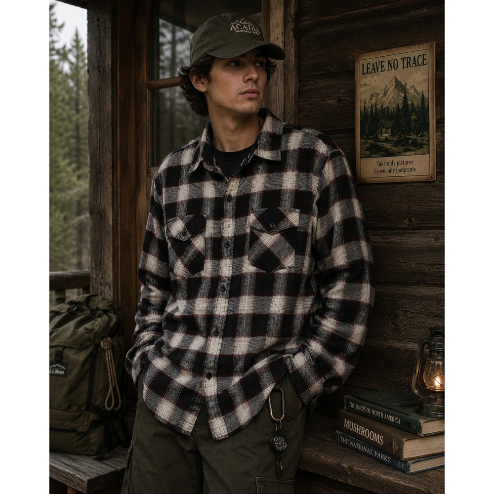 Burnside Mens XL Flannel Shirt Black White Red Plaid Long Sleeve Button gorpcore